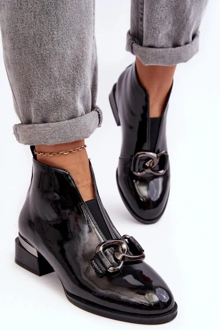 Buty damskie Vinceza Czarne Botki|Botki Na Obcasie*Lakierowane Botki Damskie Na Niskim Obcasie Ocieplane Czarne Loos