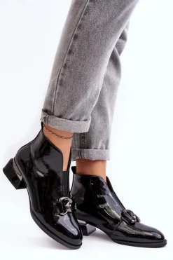 Buty damskie Vinceza Czarne Botki|Botki Na Obcasie*Lakierowane Botki Damskie Na Niskim Obcasie Ocieplane Czarne Loos