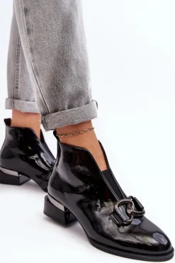 Buty damskie Vinceza Czarne Botki|Botki Na Obcasie*Lakierowane Botki Damskie Na Niskim Obcasie Ocieplane Czarne Loos