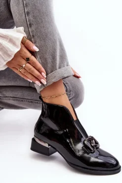 Buty damskie Vinceza Czarne Botki|Botki Na Obcasie*Lakierowane Botki Damskie Na Niskim Obcasie Ocieplane Czarne Loos