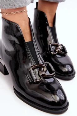 Buty damskie Vinceza Czarne Botki|Botki Na Obcasie*Lakierowane Botki Damskie Na Niskim Obcasie Ocieplane Czarne Loos