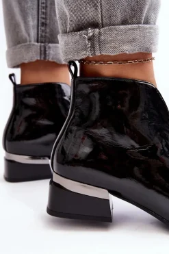 Buty damskie Vinceza Czarne Botki|Botki Na Obcasie*Lakierowane Botki Damskie Na Niskim Obcasie Ocieplane Czarne Loos