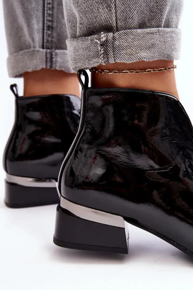 Buty damskie Vinceza Czarne Botki|Botki Na Obcasie*Lakierowane Botki Damskie Na Niskim Obcasie Ocieplane Czarne Loos