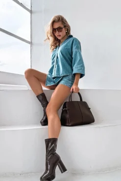 Online Boto Lakierowane Botki Damskie Na Platformie I Słupkowym Obcasie Czekoladowe Calvessa Brązowy