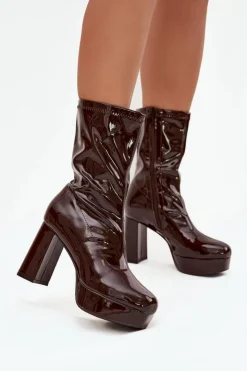 Online Boto Lakierowane Botki Damskie Na Platformie I Słupkowym Obcasie Czekoladowe Calvessa Brązowy