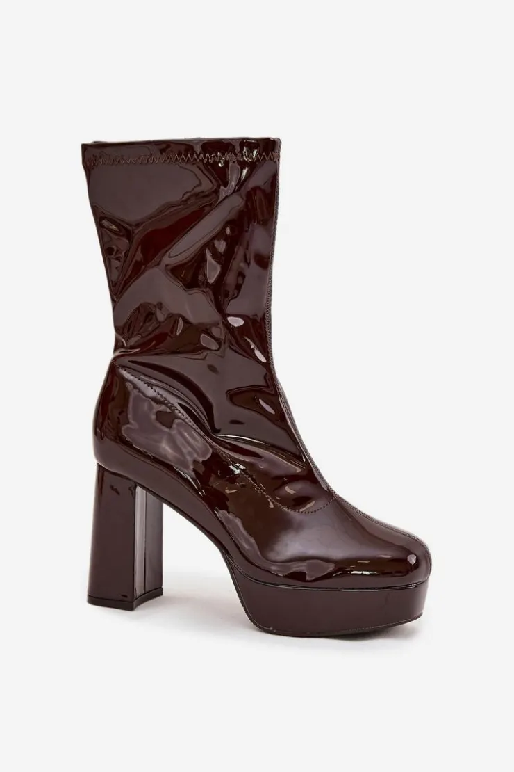 Online Boto Lakierowane Botki Damskie Na Platformie I Słupkowym Obcasie Czekoladowe Calvessa Brązowy