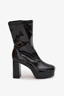 Boto Botki Ocieplane|Botki Na Słupku*Lakierowane Botki Damskie Na Platformie I Słupkowym Obcasie Czarne Calvessa Czarny