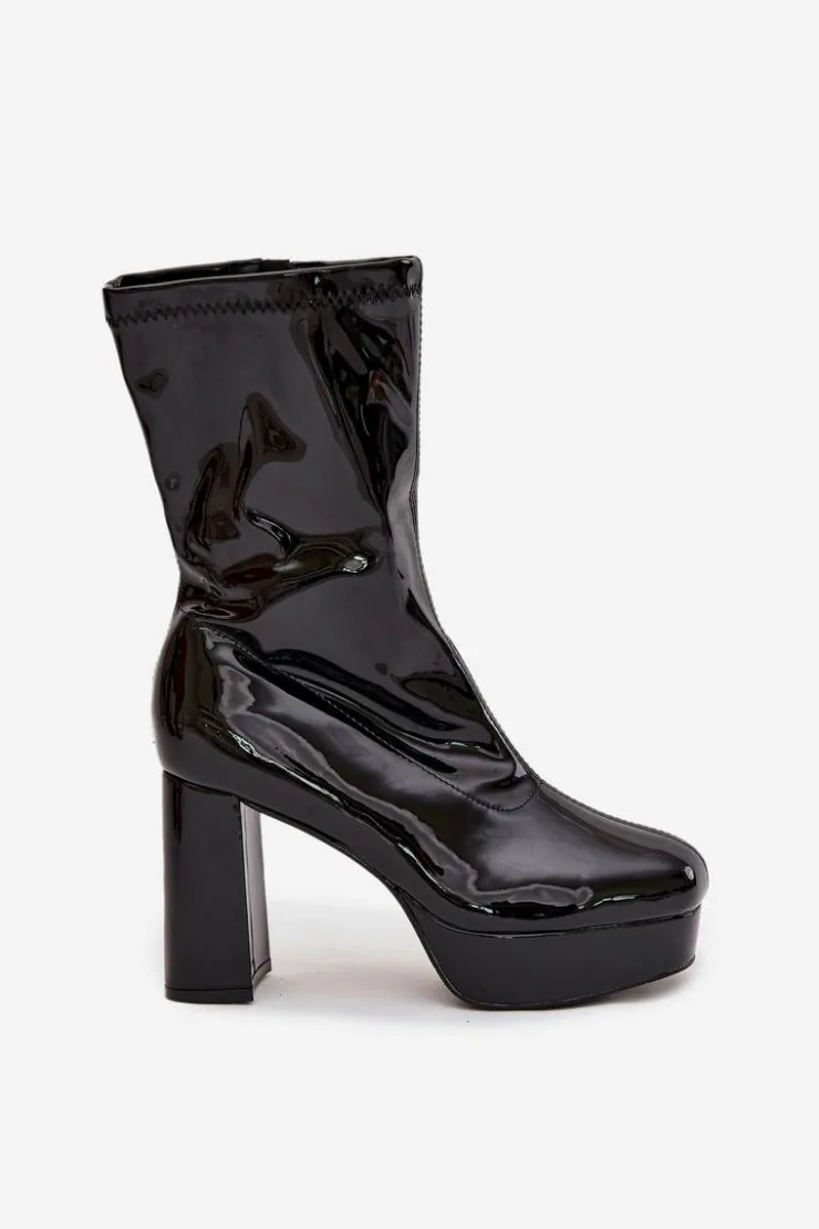 Boto Botki Ocieplane|Botki Na Słupku*Lakierowane Botki Damskie Na Platformie I Słupkowym Obcasie Czarne Calvessa Czarny