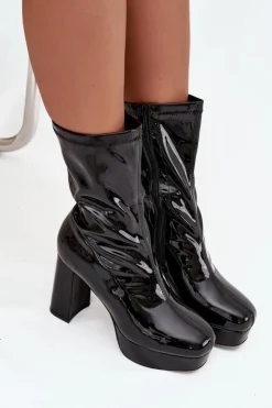 Boto Botki Ocieplane|Botki Na Słupku*Lakierowane Botki Damskie Na Platformie I Słupkowym Obcasie Czarne Calvessa Czarny