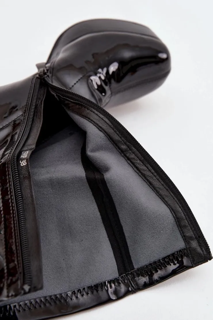 Boto Botki Ocieplane|Botki Na Słupku*Lakierowane Botki Damskie Na Platformie I Słupkowym Obcasie Czarne Calvessa Czarny