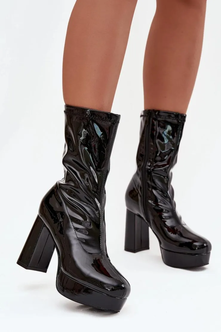 Boto Botki Ocieplane|Botki Na Słupku*Lakierowane Botki Damskie Na Platformie I Słupkowym Obcasie Czarne Calvessa Czarny