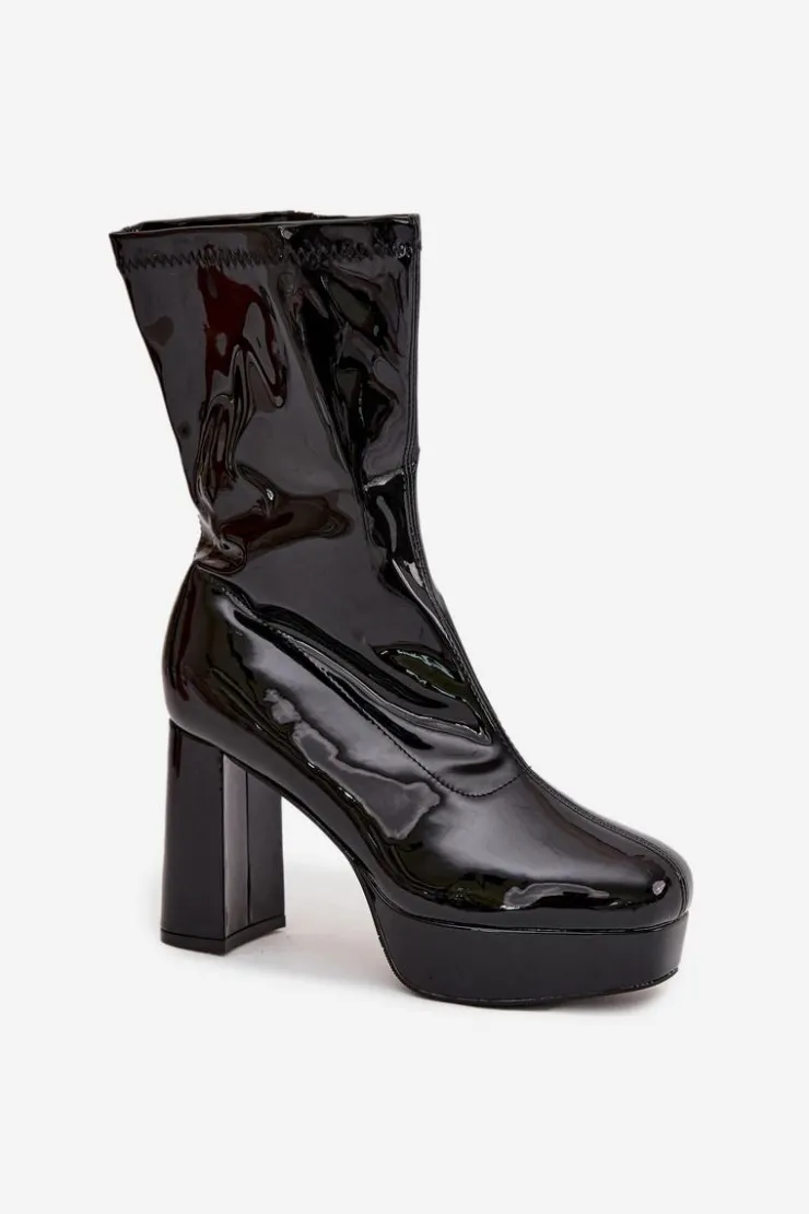 Boto Botki Ocieplane|Botki Na Słupku*Lakierowane Botki Damskie Na Platformie I Słupkowym Obcasie Czarne Calvessa Czarny