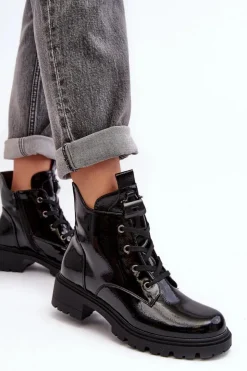 Damskie Damskie buty S.Barski Lakierowane Botki Damskie Na Suwak S.Barski HY93-91 Czarne