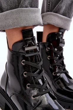 Damskie Damskie buty S.Barski Lakierowane Botki Damskie Na Suwak S.Barski HY93-91 Czarne