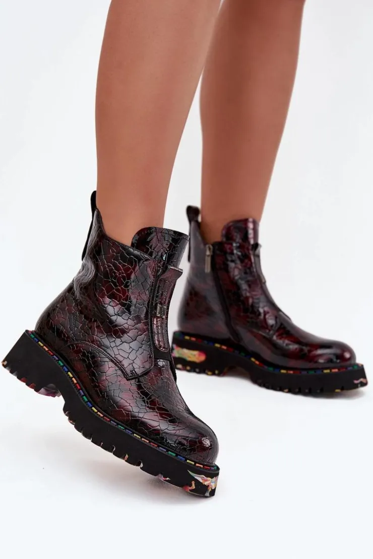 Damskie Artiker Lakierowane Botki Damskie Z Naturalnej Skóry Ocieplane 57C0165 Bordowe