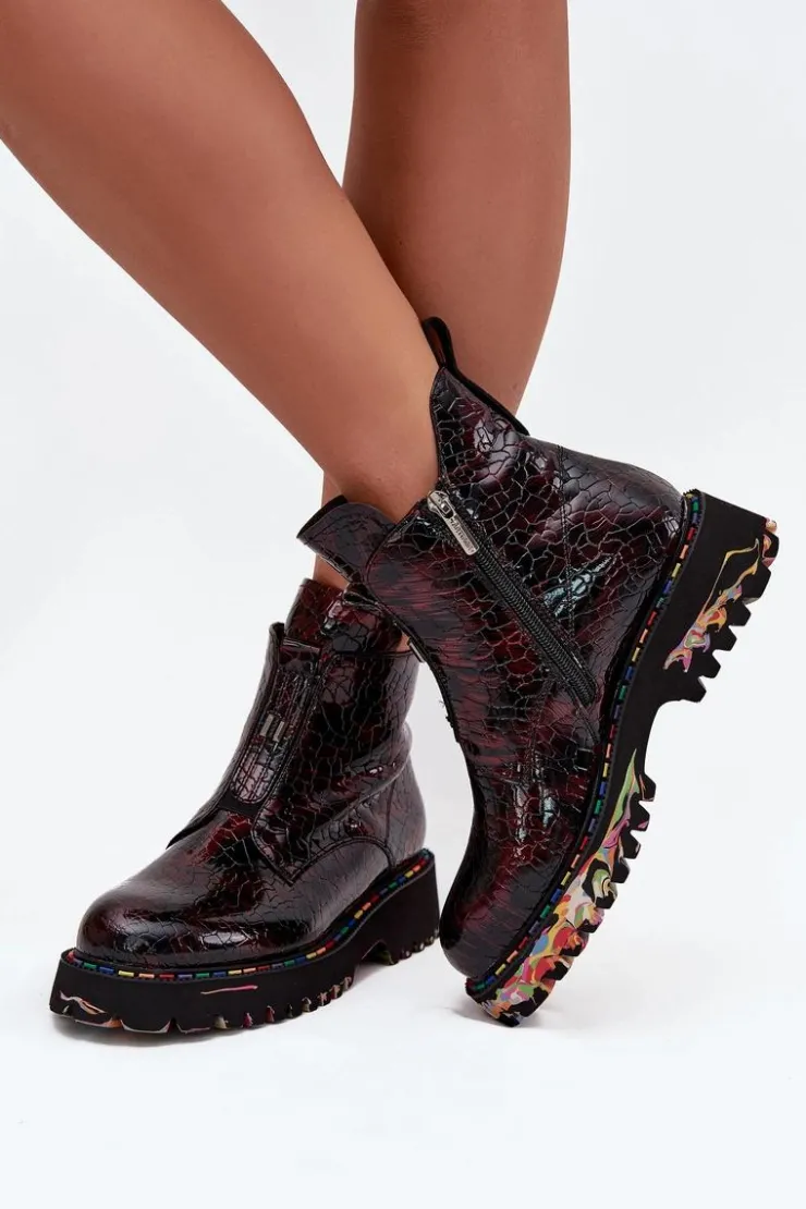 Damskie Artiker Lakierowane Botki Damskie Z Naturalnej Skóry Ocieplane 57C0165 Bordowe