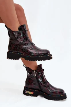 Damskie Artiker Lakierowane Botki Damskie Z Naturalnej Skóry Ocieplane 57C0165 Bordowe
