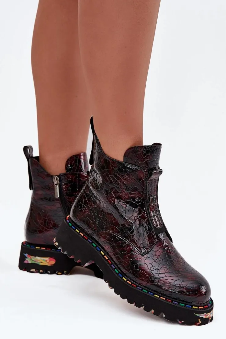 Damskie Artiker Lakierowane Botki Damskie Z Naturalnej Skóry Ocieplane 57C0165 Bordowe