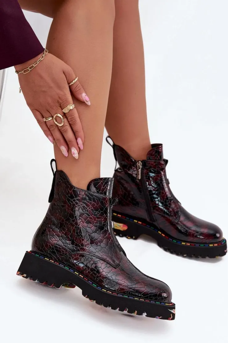 Damskie Artiker Lakierowane Botki Damskie Z Naturalnej Skóry Ocieplane 57C0165 Bordowe