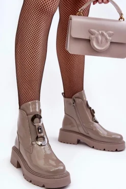 Damskie buty S.Barski Brązowe I Beżowe Botki|Botki Płaskie*Lakierowane Botki Damskie Z Ozdobą Beżowe S.Barski MR870-53