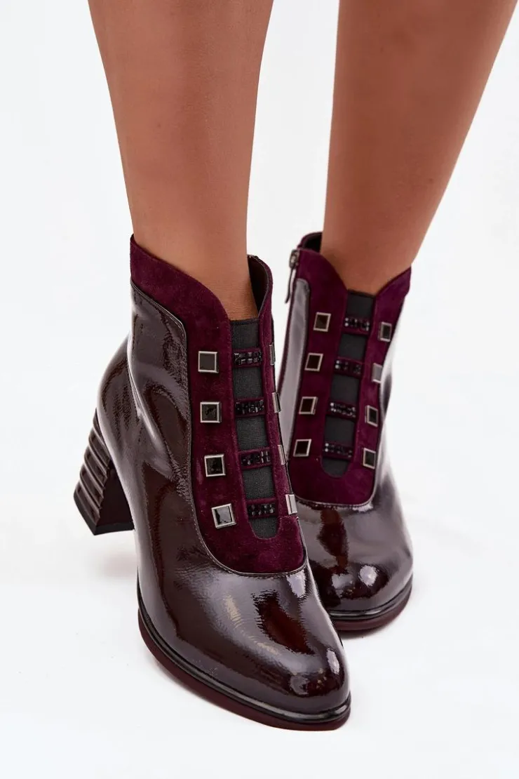Online D&A Lakierowane Botki Damskie Z Naturalnej Skóry Na Słupku CR52-696 Bordowe Czerwony