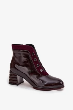 Online D&A Lakierowane Botki Damskie Z Naturalnej Skóry Na Słupku CR52-696 Bordowe Czerwony