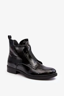 Damskie buty S.Barski Czarne Botki|Botki Płaskie*Lakierowane Botki Damskie Na Płaskim Obcasie Ocieplane Czarne S.Barski HY75-120 Czarne