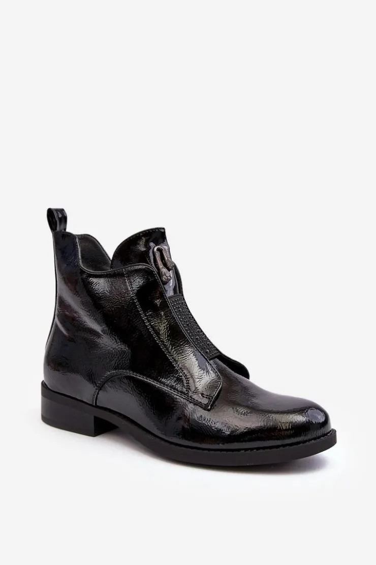 Damskie buty S.Barski Czarne Botki|Botki Płaskie*Lakierowane Botki Damskie Na Płaskim Obcasie Ocieplane Czarne S.Barski HY75-120 Czarne