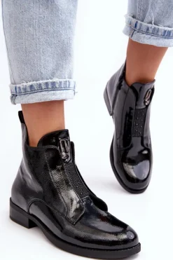 Damskie buty S.Barski Czarne Botki|Botki Płaskie*Lakierowane Botki Damskie Na Płaskim Obcasie Ocieplane Czarne S.Barski HY75-120 Czarne