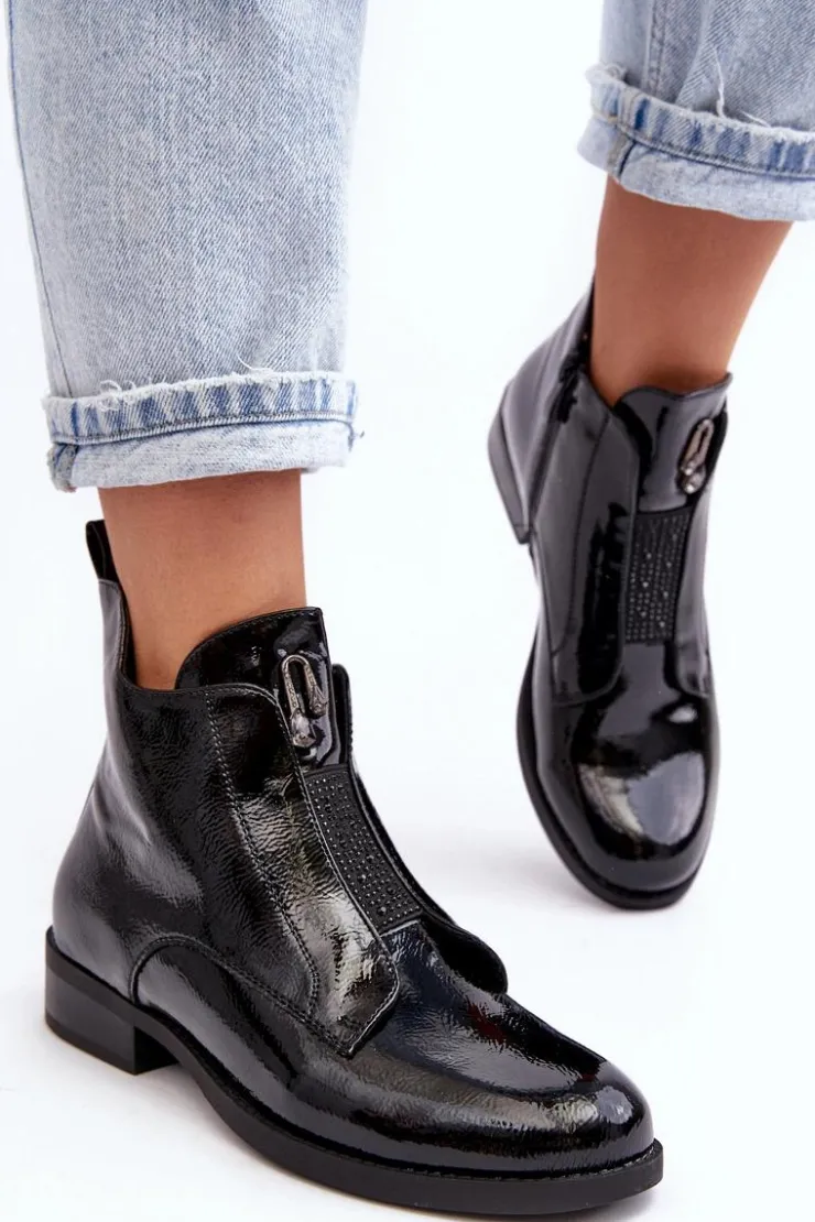 Damskie buty S.Barski Czarne Botki|Botki Płaskie*Lakierowane Botki Damskie Na Płaskim Obcasie Ocieplane Czarne S.Barski HY75-120 Czarne