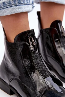 Damskie buty S.Barski Czarne Botki|Botki Płaskie*Lakierowane Botki Damskie Na Płaskim Obcasie Ocieplane Czarne S.Barski HY75-120 Czarne