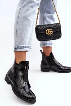 Damskie buty S.Barski Czarne Botki|Botki Płaskie*Lakierowane Botki Damskie Na Płaskim Obcasie Ocieplane Czarne S.Barski HY75-120 Czarne