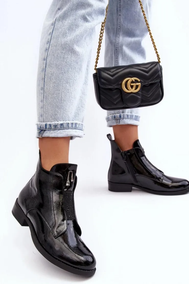 Damskie buty S.Barski Czarne Botki|Botki Płaskie*Lakierowane Botki Damskie Na Płaskim Obcasie Ocieplane Czarne S.Barski HY75-120 Czarne