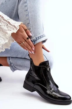 Damskie buty S.Barski Czarne Botki|Botki Płaskie*Lakierowane Botki Damskie Na Płaskim Obcasie Ocieplane Czarne S.Barski HY75-120 Czarne