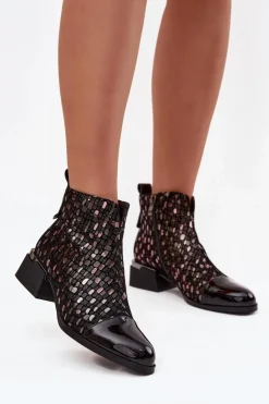 D&A Botki Ocieplane|Czarne Botki*Lakierowane Botki Damskie Z Naturalnej Skóry Na Niskim Obcasie LZ52-960 Czarne