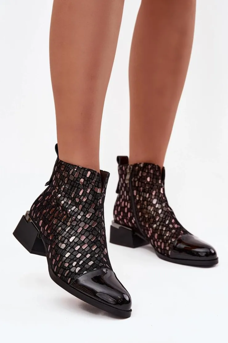 D&A Botki Ocieplane|Czarne Botki*Lakierowane Botki Damskie Z Naturalnej Skóry Na Niskim Obcasie LZ52-960 Czarne