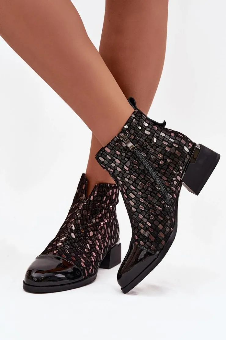 D&A Botki Ocieplane|Czarne Botki*Lakierowane Botki Damskie Z Naturalnej Skóry Na Niskim Obcasie LZ52-960 Czarne