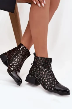 D&A Botki Ocieplane|Czarne Botki*Lakierowane Botki Damskie Z Naturalnej Skóry Na Niskim Obcasie LZ52-960 Czarne