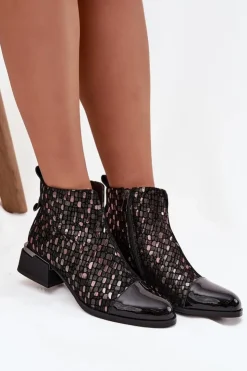 D&A Botki Ocieplane|Czarne Botki*Lakierowane Botki Damskie Z Naturalnej Skóry Na Niskim Obcasie LZ52-960 Czarne