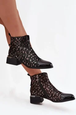 D&A Botki Ocieplane|Czarne Botki*Lakierowane Botki Damskie Z Naturalnej Skóry Na Niskim Obcasie LZ52-960 Czarne