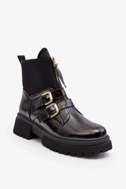 New Boto Lakierowane Botki Damskie Na Płaskim Obcasie Czarne Rellisa