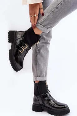 New Boto Lakierowane Botki Damskie Na Płaskim Obcasie Czarne Rellisa