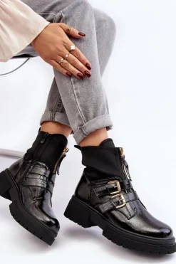 New Boto Lakierowane Botki Damskie Na Płaskim Obcasie Czarne Rellisa