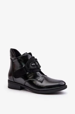 Hot Damskie buty S.Barski Lakierowane Botki Damskie Z Ozdobą Ocieplane S.Barski HY42-021 Czarne