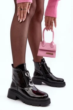 Damskie Damskie buty S.Barski Lakierowane Botki Damskie Z Ozdobą Czarne S.Barski MR870-53