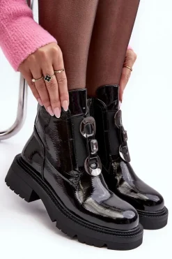 Damskie Damskie buty S.Barski Lakierowane Botki Damskie Z Ozdobą Czarne S.Barski MR870-53