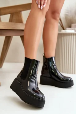 Boto Botki Ocieplane|Botki Na Koturnie*Lakierowane Botki Damskie Na Platformie I Koturnie Ocieplane Czarne Wloedia