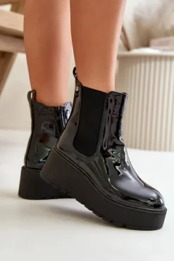 Boto Botki Ocieplane|Botki Na Koturnie*Lakierowane Botki Damskie Na Platformie I Koturnie Ocieplane Czarne Wloedia