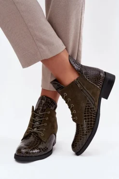 Buty damskie Vinceza Lakierowane Botki Damskie Z Ozdobnym Tłoczeniem Ocieplane Vinceza 16477 Ciemnozielone Zielony