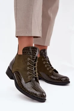 Buty damskie Vinceza Lakierowane Botki Damskie Z Ozdobnym Tłoczeniem Ocieplane Vinceza 16477 Ciemnozielone Zielony